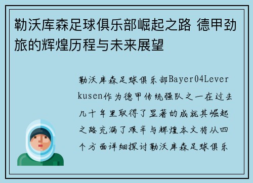 勒沃库森足球俱乐部崛起之路 德甲劲旅的辉煌历程与未来展望
