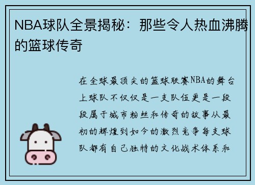 NBA球队全景揭秘：那些令人热血沸腾的篮球传奇