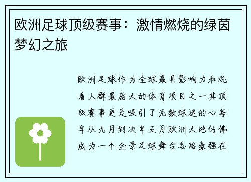 欧洲足球顶级赛事：激情燃烧的绿茵梦幻之旅
