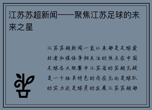 江苏苏超新闻——聚焦江苏足球的未来之星