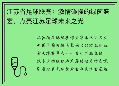 江苏省足球联赛：激情碰撞的绿茵盛宴，点亮江苏足球未来之光